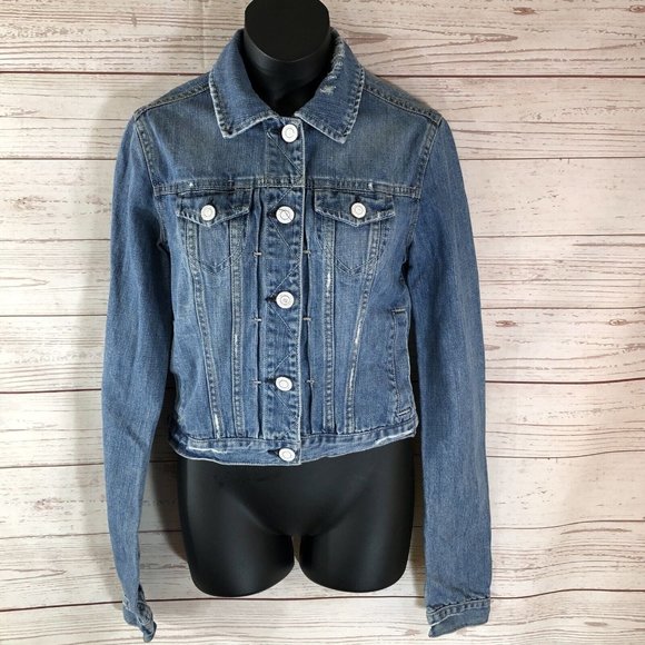American Eagle Womens XS Jean Denim Jacket Short Length Distressed Button Front - Picture 2 of 11